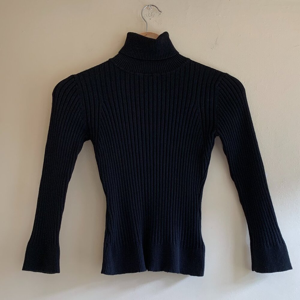 VINTAGE Bebe Ribbed Turtleneck Sweater Cashmere Silk 3/4 Sleeve Women's Large